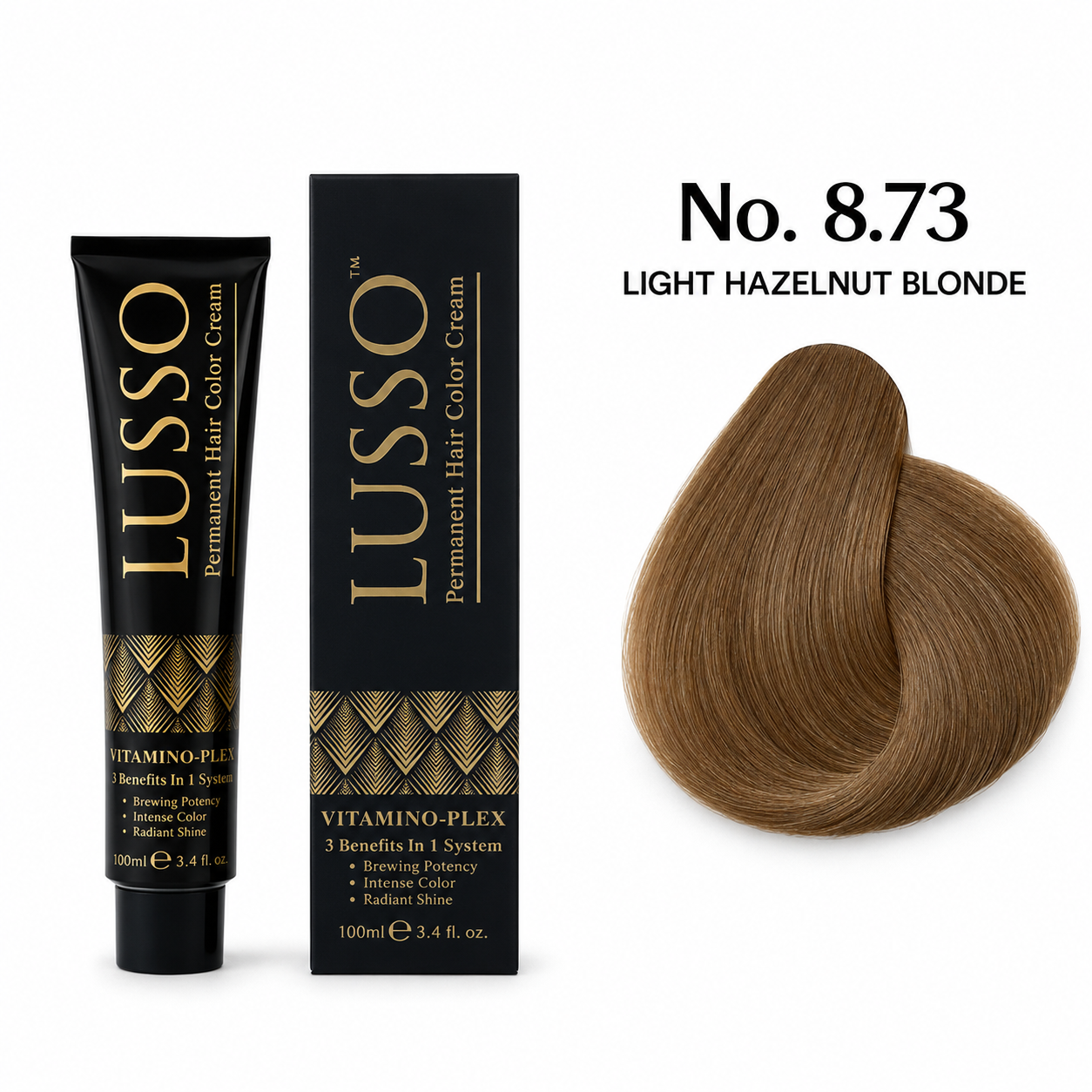 LUSSO Permanent Hair Colour Cream 100 ml No. 8.73 Light Hazelnut Blonde