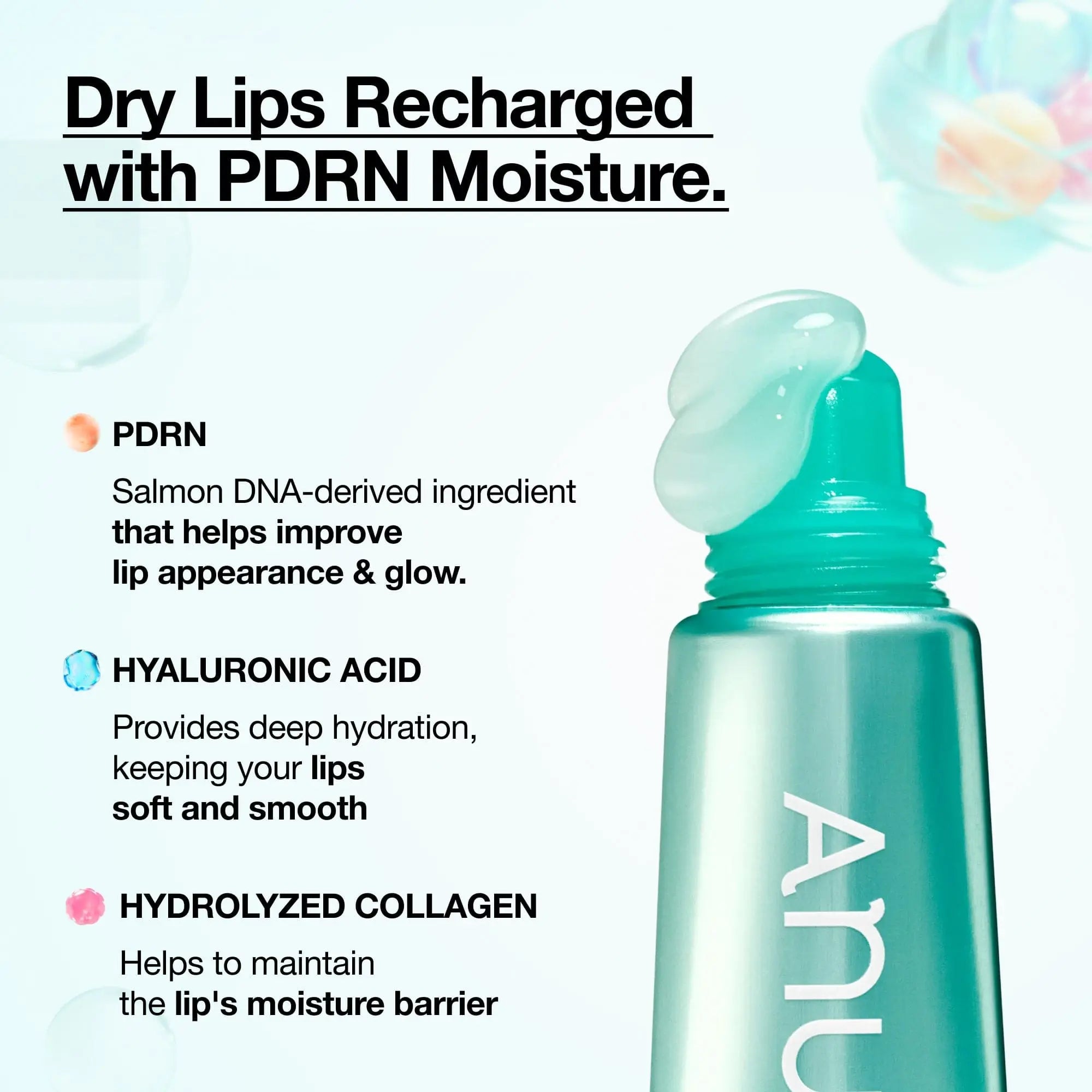 ANUA PDRN Lip Serum in a clear tube with a white cap, featuring the product label and applicator for lip hydration and repair.