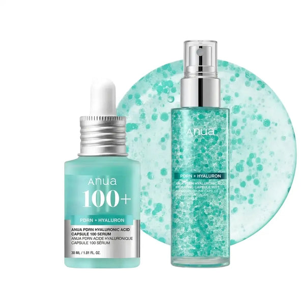 ANUA PDRN + Hyaluronic Glow Duo Set with skincare products featuring brightening and hydrating ingredients, displayed on a clean background.