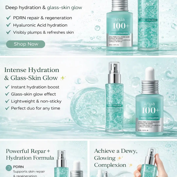 ANUA PDRN and Hyaluronic Glow Duo Set featuring skincare products with hydrating and rejuvenating ingredients.