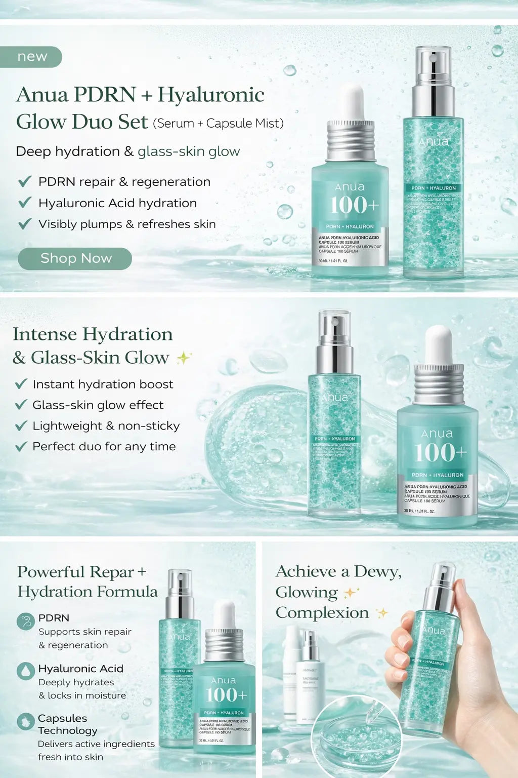 ANUA PDRN and Hyaluronic Glow Duo Set featuring skincare products with hydrating and rejuvenating ingredients.