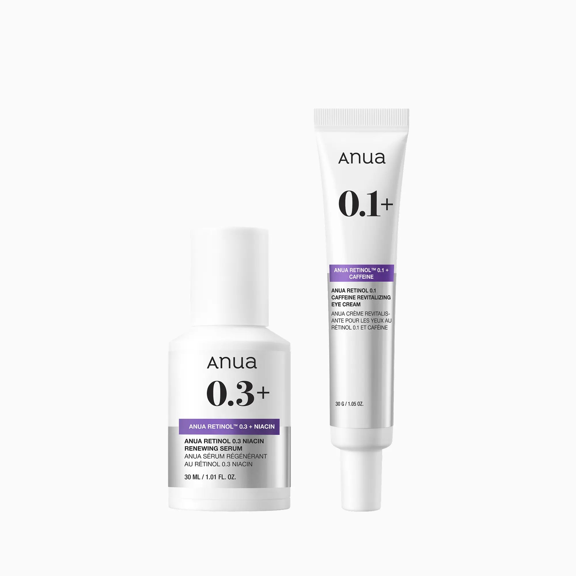 ANUA Retinol Anti-Aging Duo bundle featuring two skincare products with retinol for reducing wrinkles and aging signs.