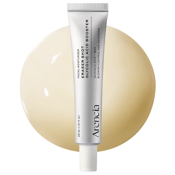 ARENCIA Eraser Shot Glycolic Acid Booster 30ml bottle with dropper, clear liquid for skin exfoliation and renewal.