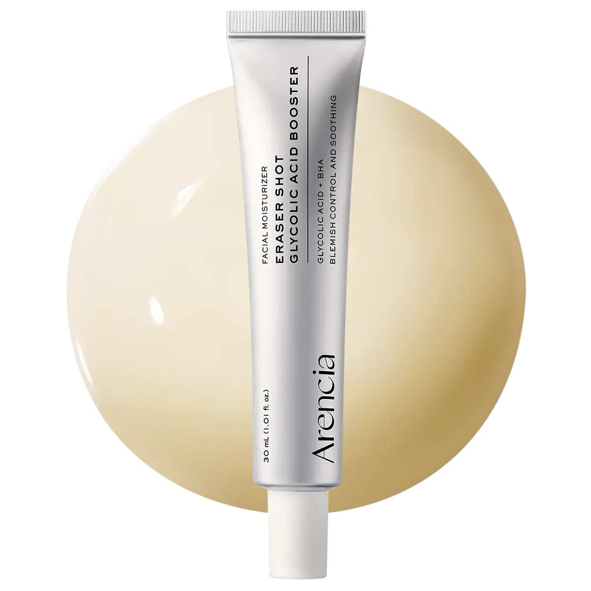 ARENCIA Eraser Shot Glycolic Acid Booster 30ml bottle with dropper, clear liquid for skin exfoliation and renewal.