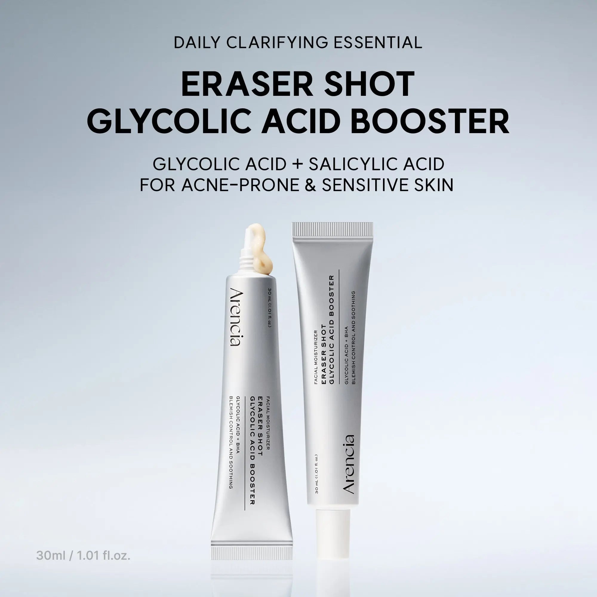 ARENCIA Eraser Shot Glycolic Acid Booster 30ml bottle with clear label and dropper applicator on white background