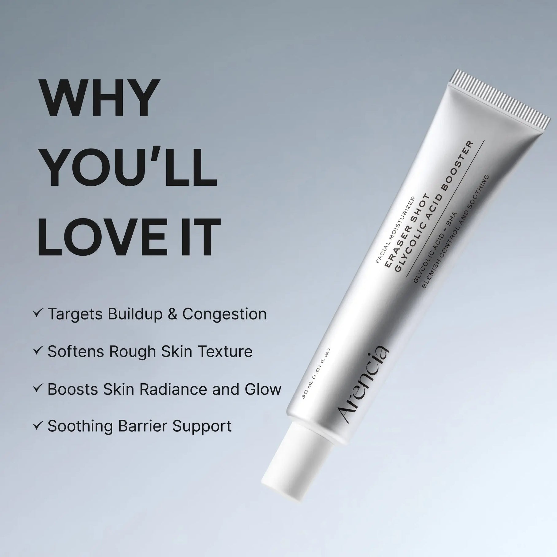 ARENCIA Eraser Shot Glycolic Acid Booster 30ml bottle with dropper, focused on the skincare product for exfoliation and skin renewal.