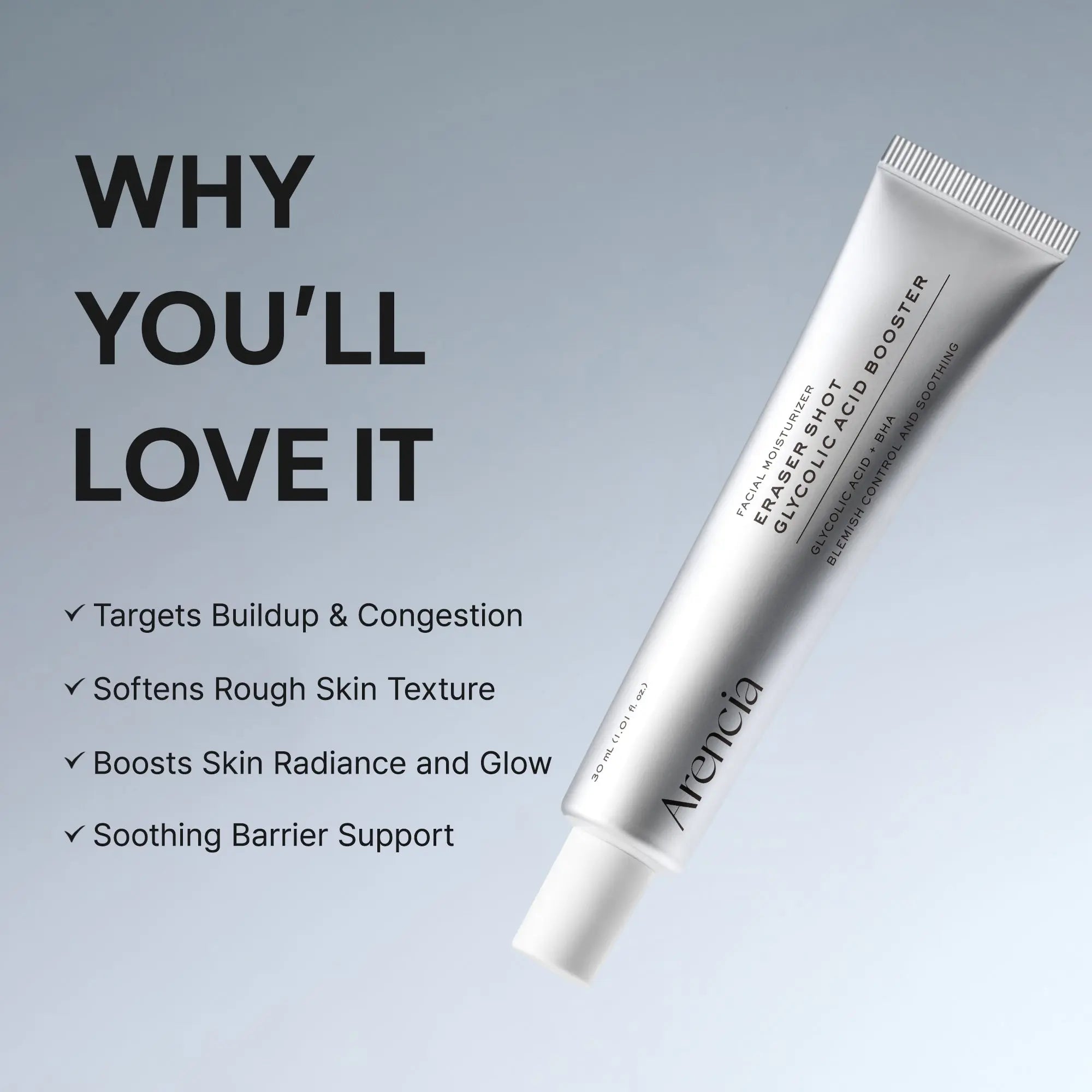 ARENCIA Eraser Shot Glycolic Acid Booster 30ml bottle with dropper, focused on the skincare product for exfoliation and skin renewal.