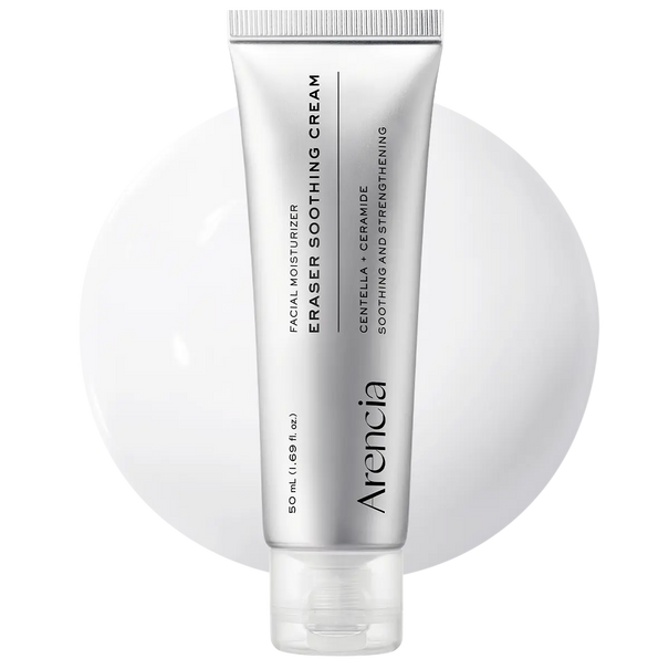 ARENCIA Eraser Soothing Cream jar with white lid and label, designed for gentle skincare and irritation relief.