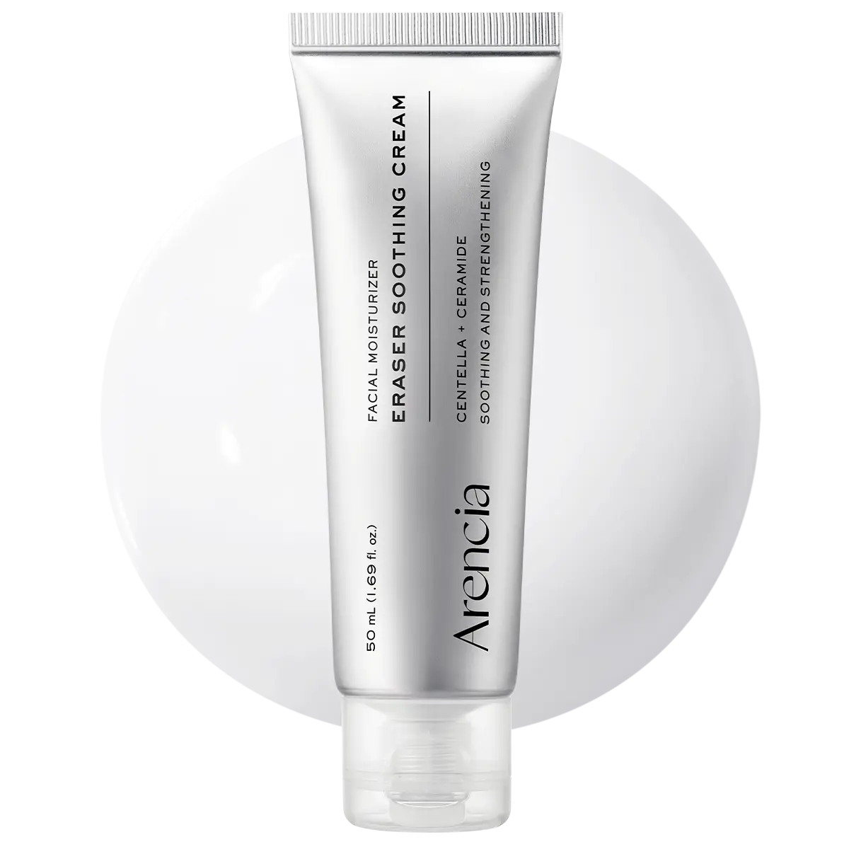ARENCIA Eraser Soothing Cream jar with white lid and label, designed for gentle skincare and irritation relief.