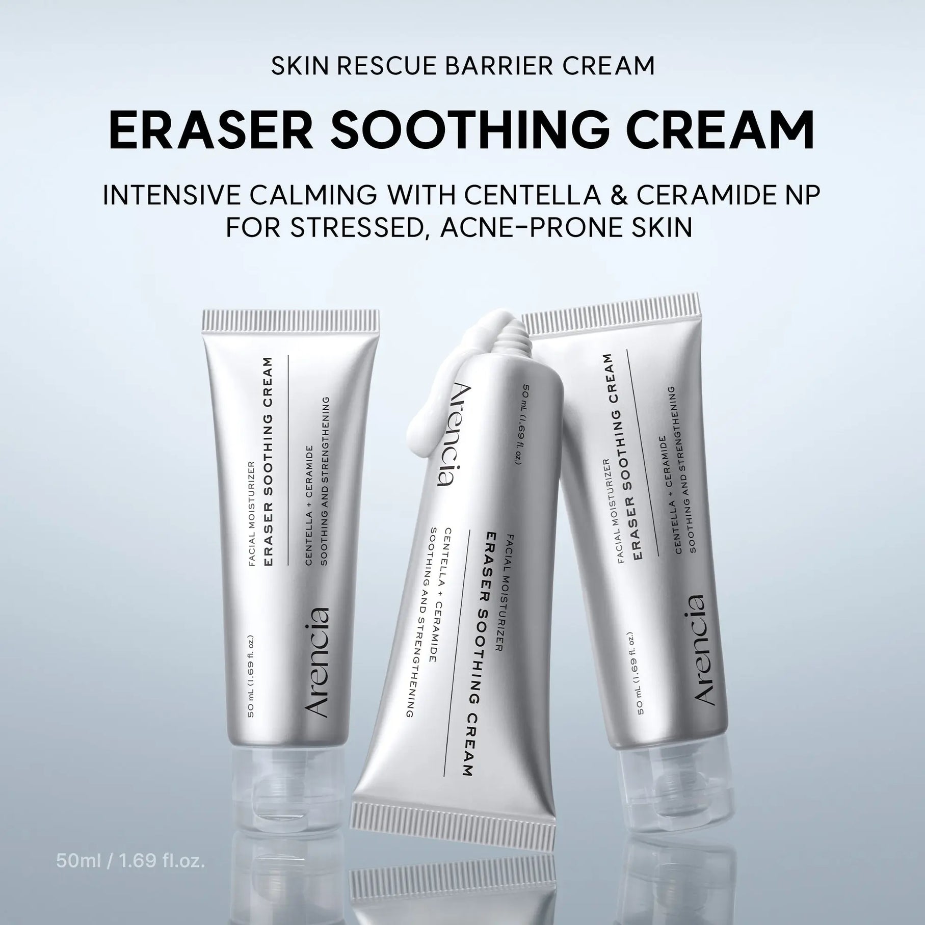ARENCIA Eraser Soothing Cream jar showing the product label and cream inside, designed for gentle skin soothing.