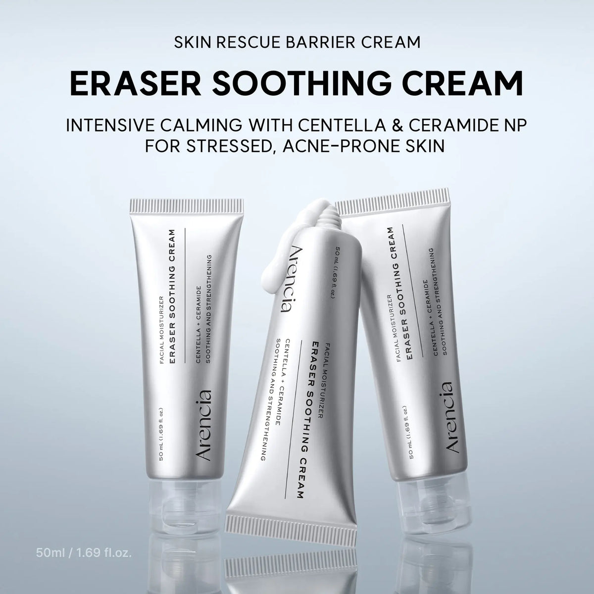 ARENCIA Eraser Soothing Cream jar showing the product label and cream inside, designed for gentle skin soothing.