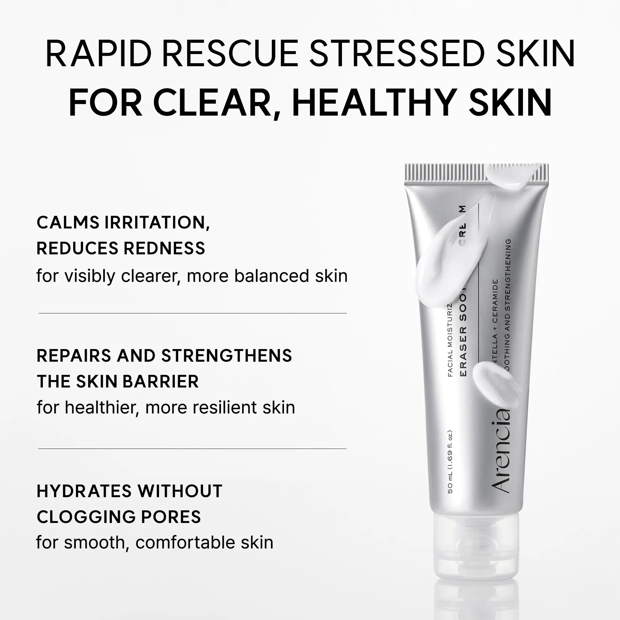 ARENCIA Eraser Soothing Cream in a white jar with a green label, designed for gentle skin soothing and hydration.