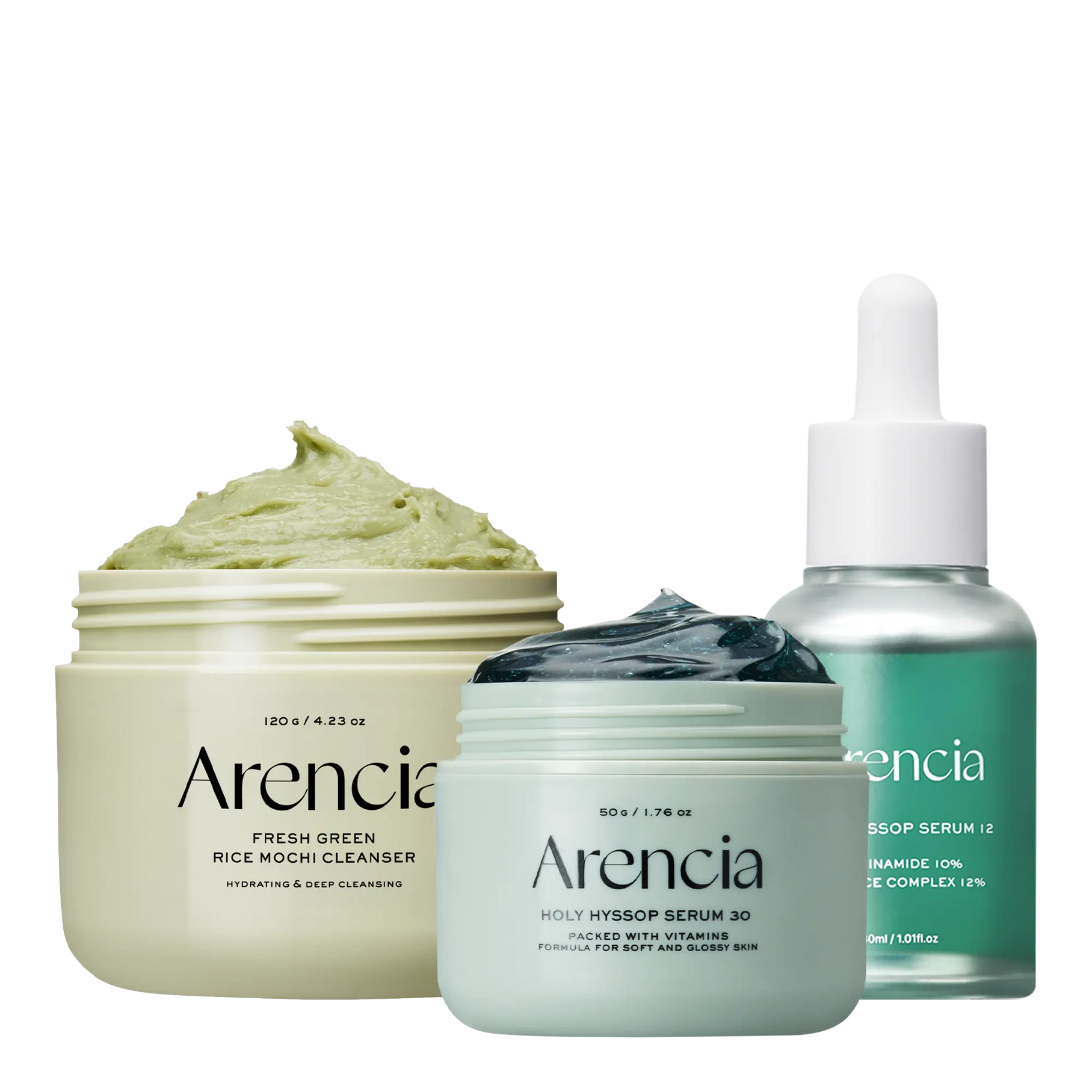 ARENCIA Glass Skin Starter Trio skincare set with three products featuring clear, glowing skin in sleek packaging.
