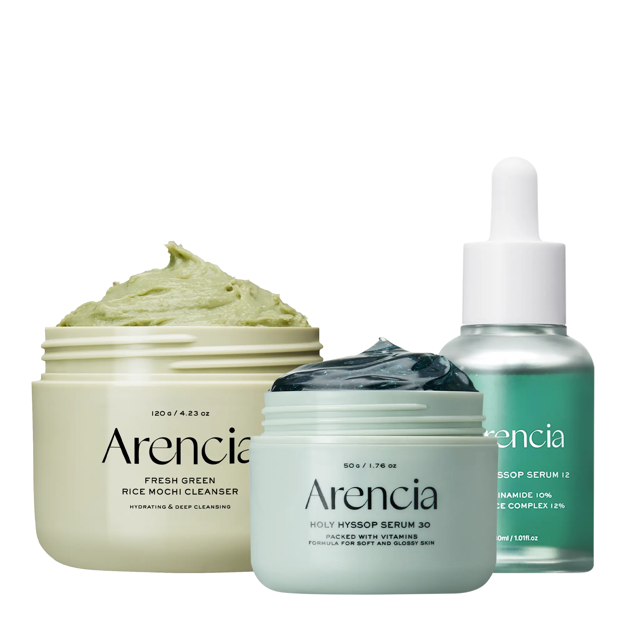 ARENCIA Glass Skin Starter Trio skincare set with three products featuring clear, glowing skin in sleek packaging.