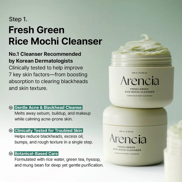 ARENCIA Glass Skin Starter Trio skincare set with three green-themed products, promoting radiant, clear skin.