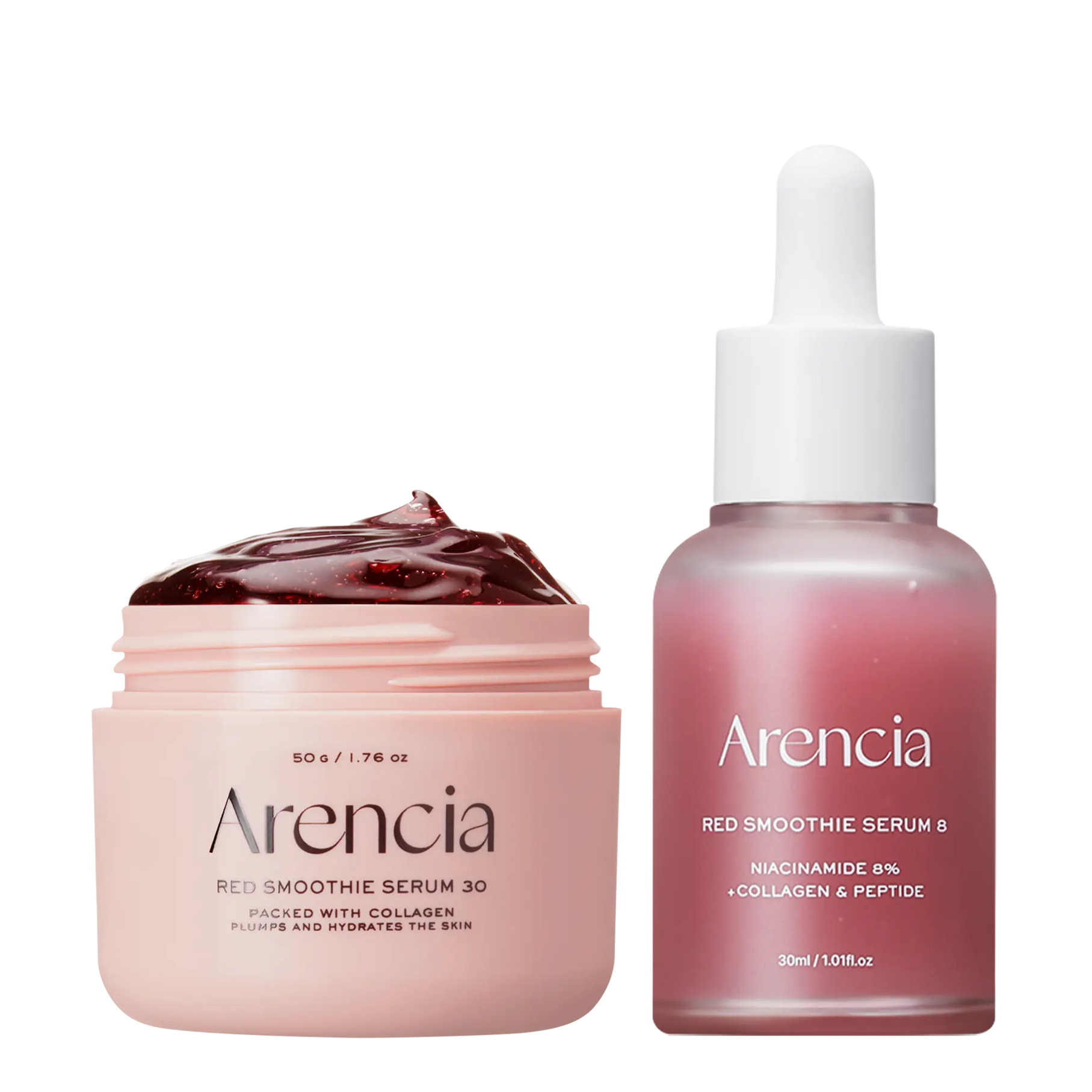 ARENCIA Pore Perfection Collagen Serum Duo skincare set with two bottles featuring clear packaging and dropper applicators.