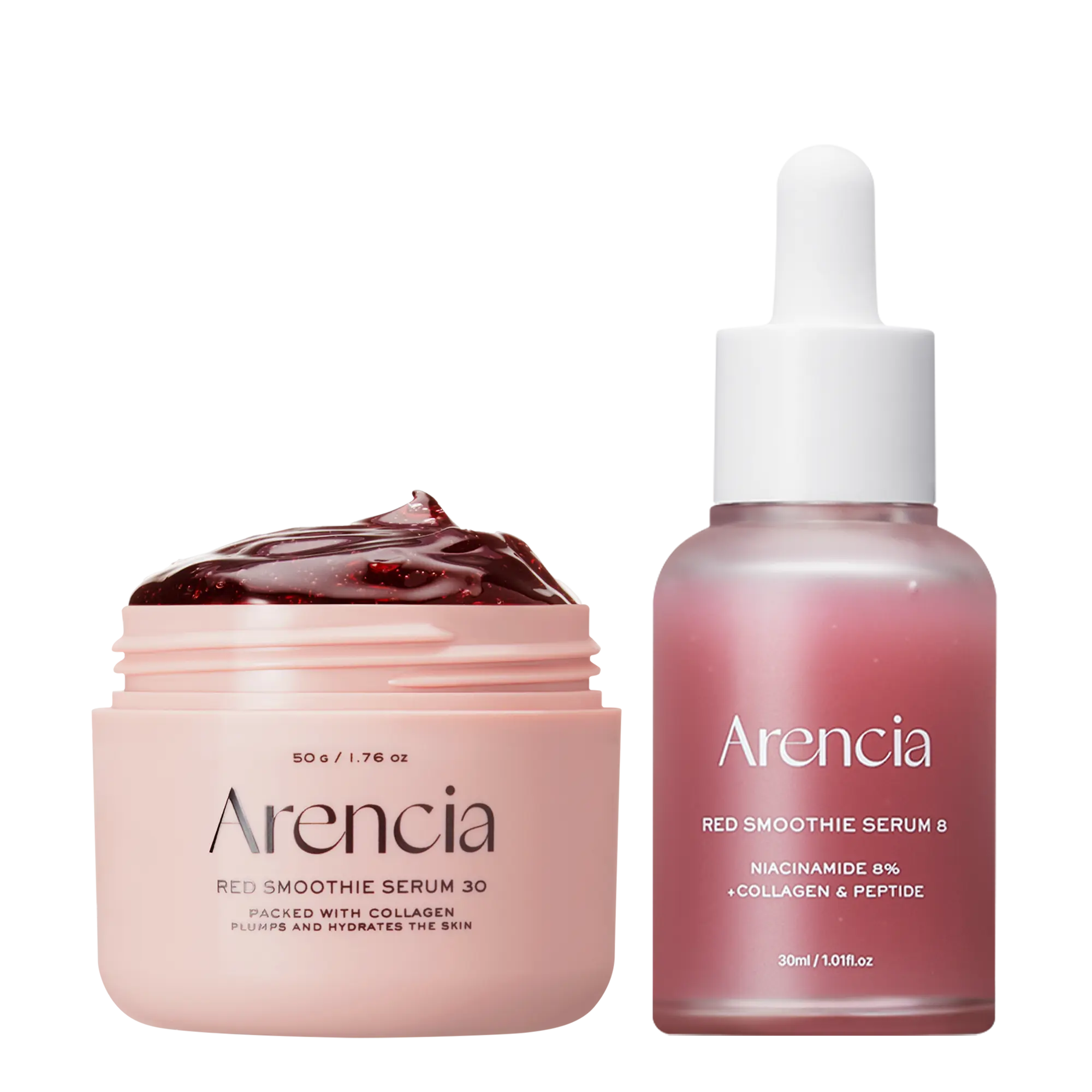ARENCIA Pore Perfection Collagen Serum Duo skincare set with two bottles featuring clear packaging and dropper applicators.