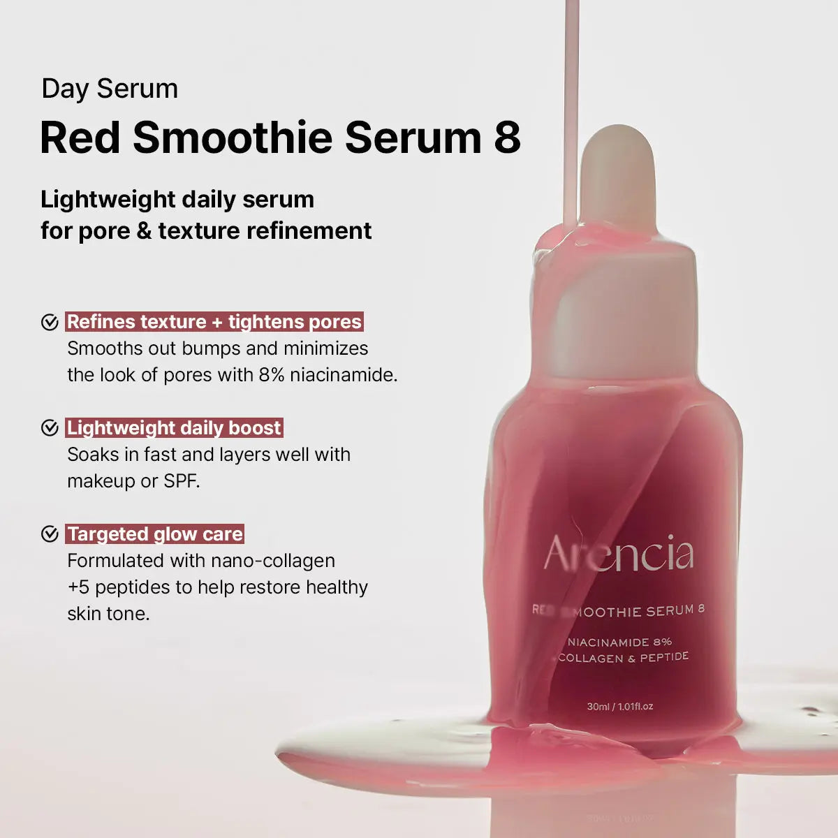 ARENCIA Pore Perfection Collagen Serum Duo in red bottles, featuring smooth, glossy skincare serum with pump dispensers.