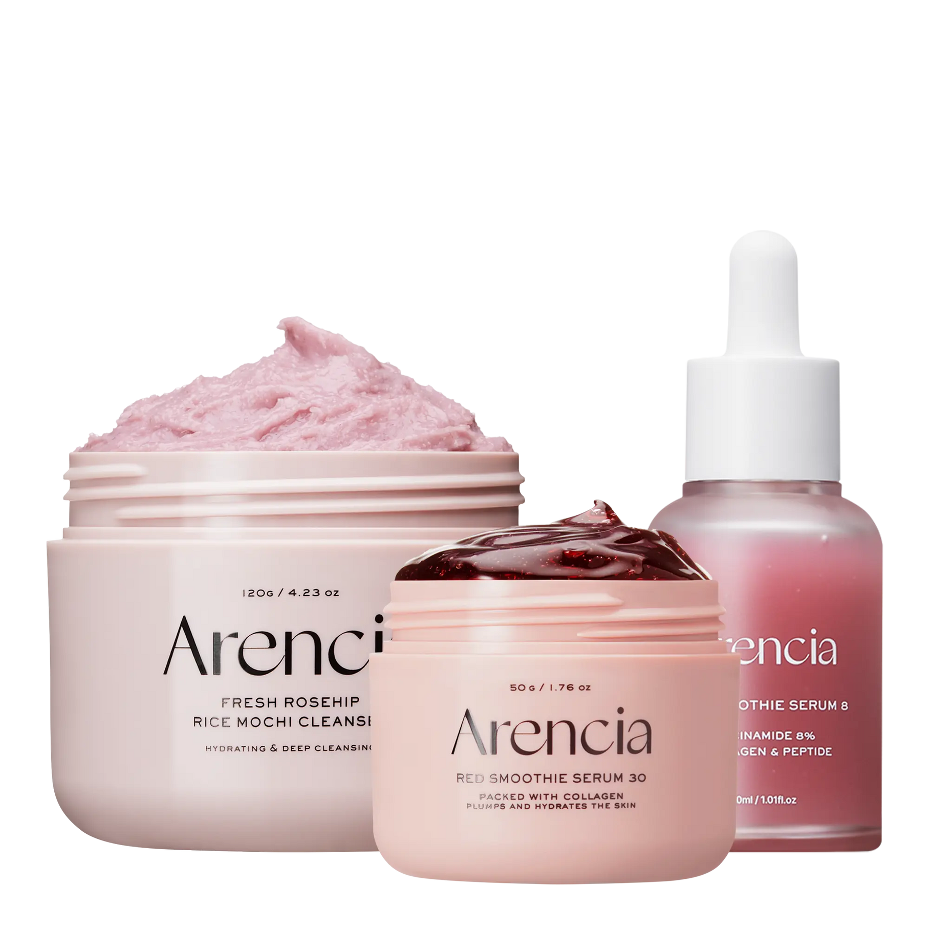 ARENCIA Red Collagen Jello Skin Trio skincare set with red collagen jello product and related skincare items on a white background.