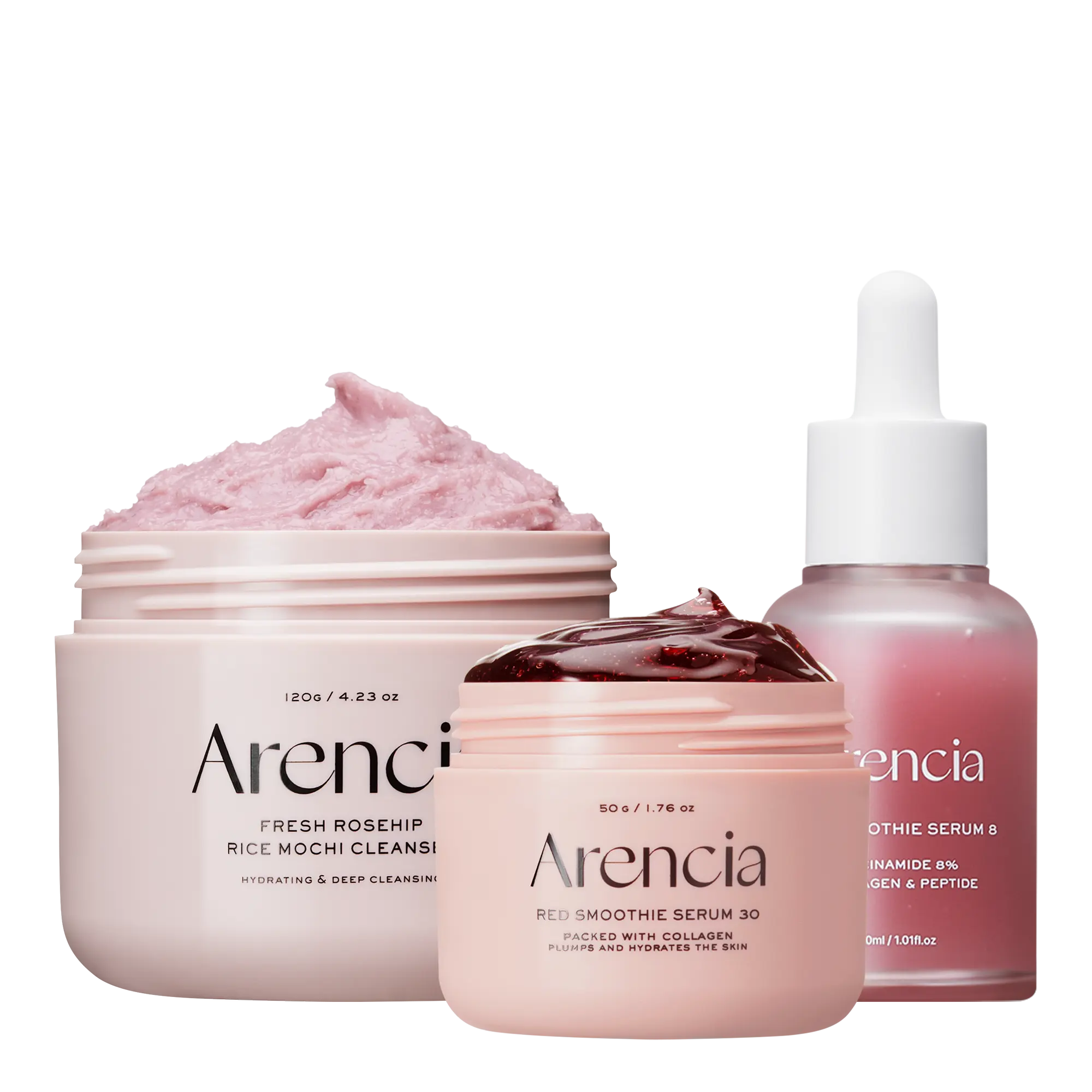 ARENCIA Red Collagen Jello Skin Trio skincare set with red collagen jello product and related skincare items on a white background.