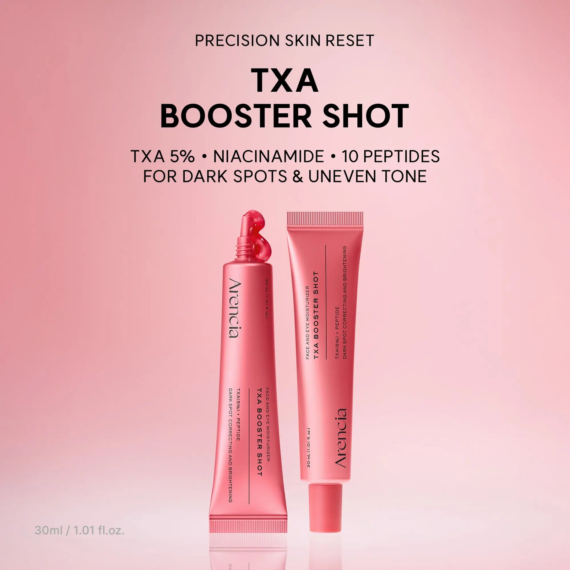 ARENCIA TXA Booster Shot 30ml bottle, clear liquid supplement in a small plastic container with a white cap.