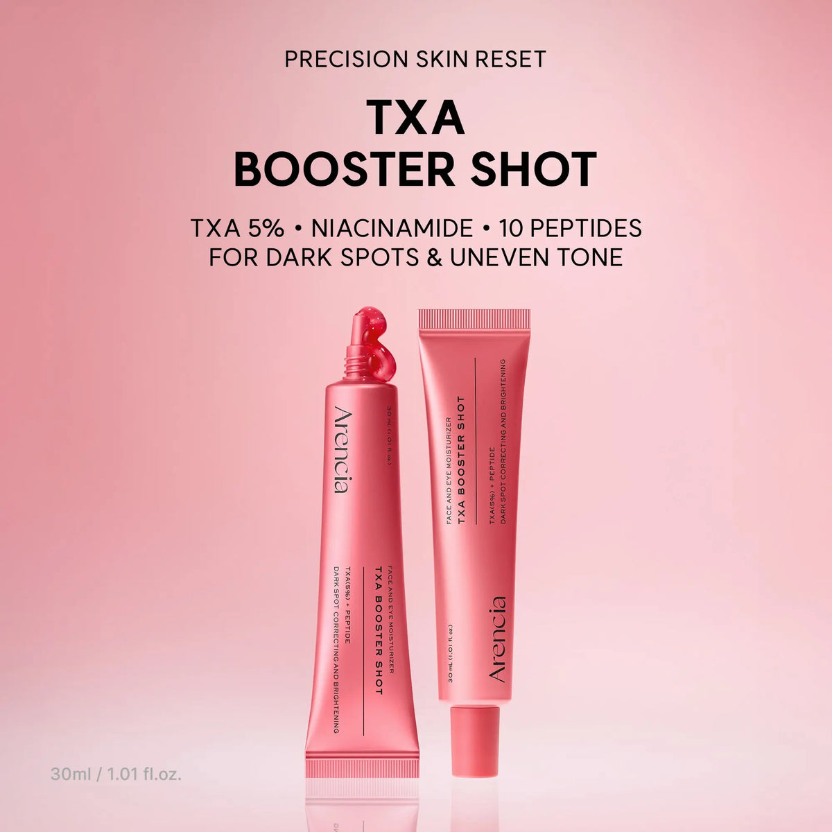 ARENCIA TXA Booster Shot 30ml bottle, clear liquid supplement in a small plastic container with a white cap.