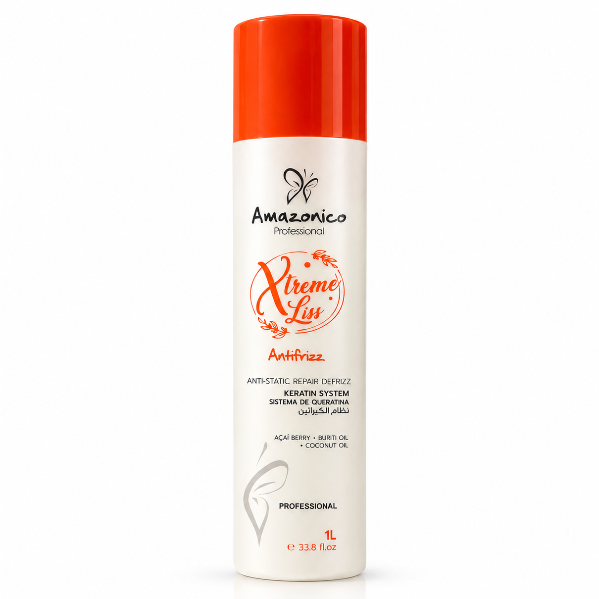A 1L white bottle of Amazonico Professional Xtreme Lís Antifriz hair repair serum with a bright orange cap, shown on a clean white background.