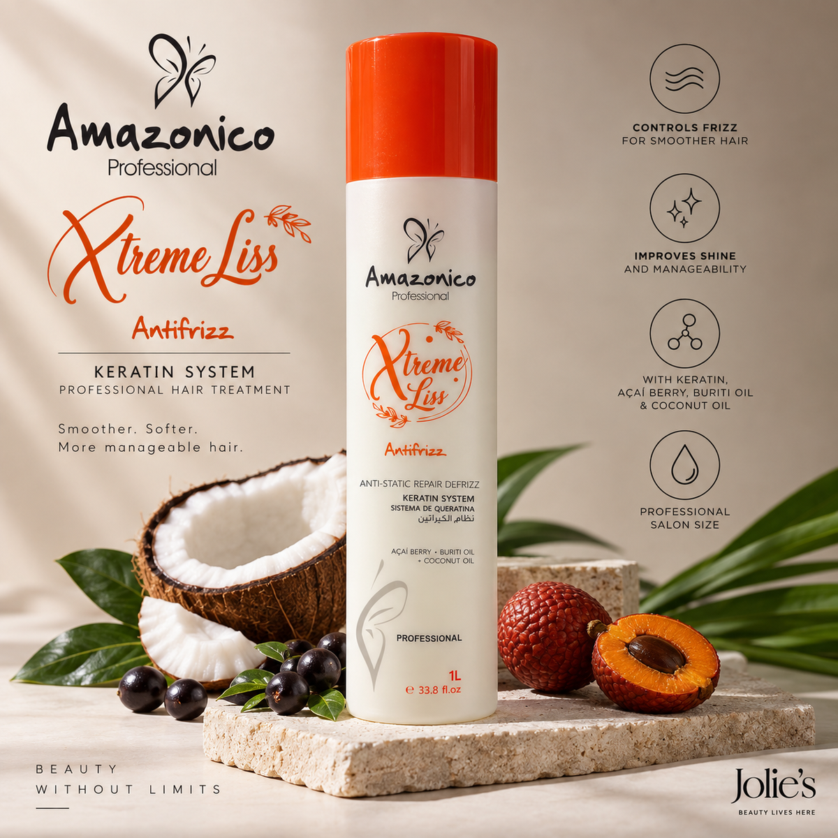 Amazonico Professional Xtreme Liss Antifrizz spray can in the Antifrizz variant, displayed on a stone slab with coconut, berries, and fruit against a beige background with product benefits and brand logos.