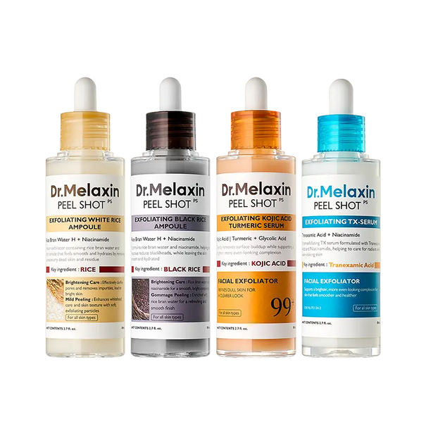 Set of four Dr.Melaxin Peel Shot exfoliating ampoules in different types, showcasing clear bottles with labels and dropper caps.