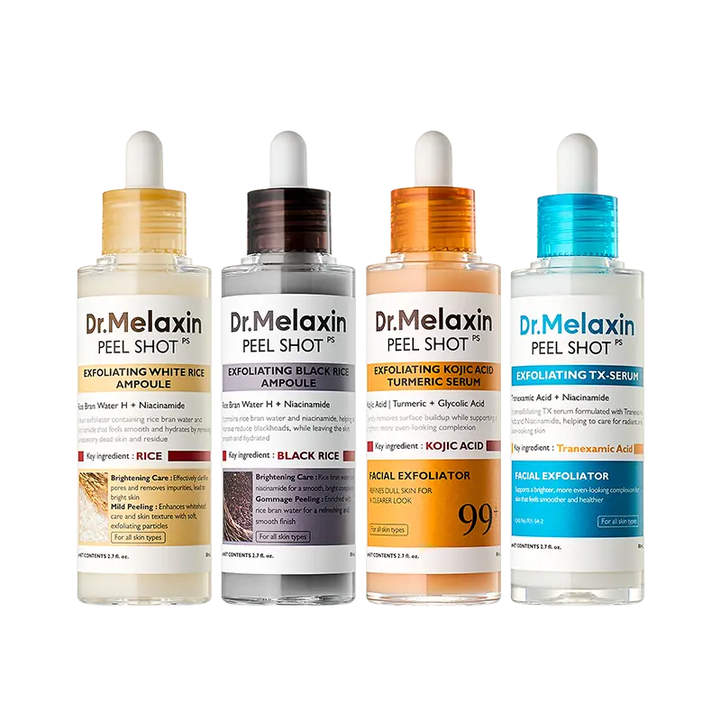 Set of four Dr.Melaxin Peel Shot exfoliating ampoules in different types, showcasing clear bottles with labels and dropper caps.