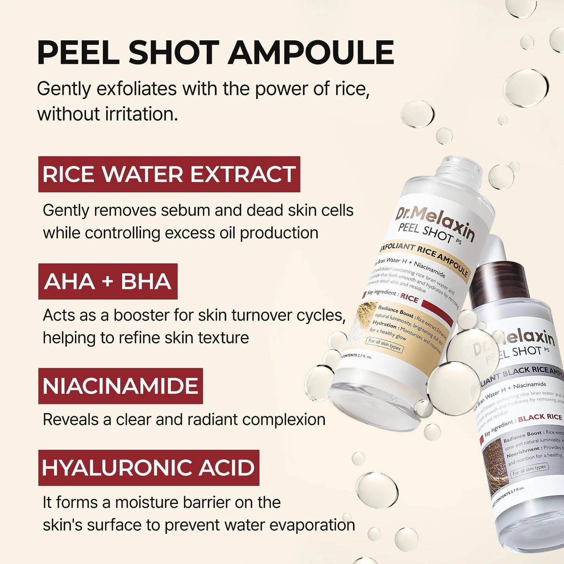 Set of five Dr.Melaxin Peel Shot exfoliating ampoules in various types, showcasing transparent bottles with labels and applicator tips.