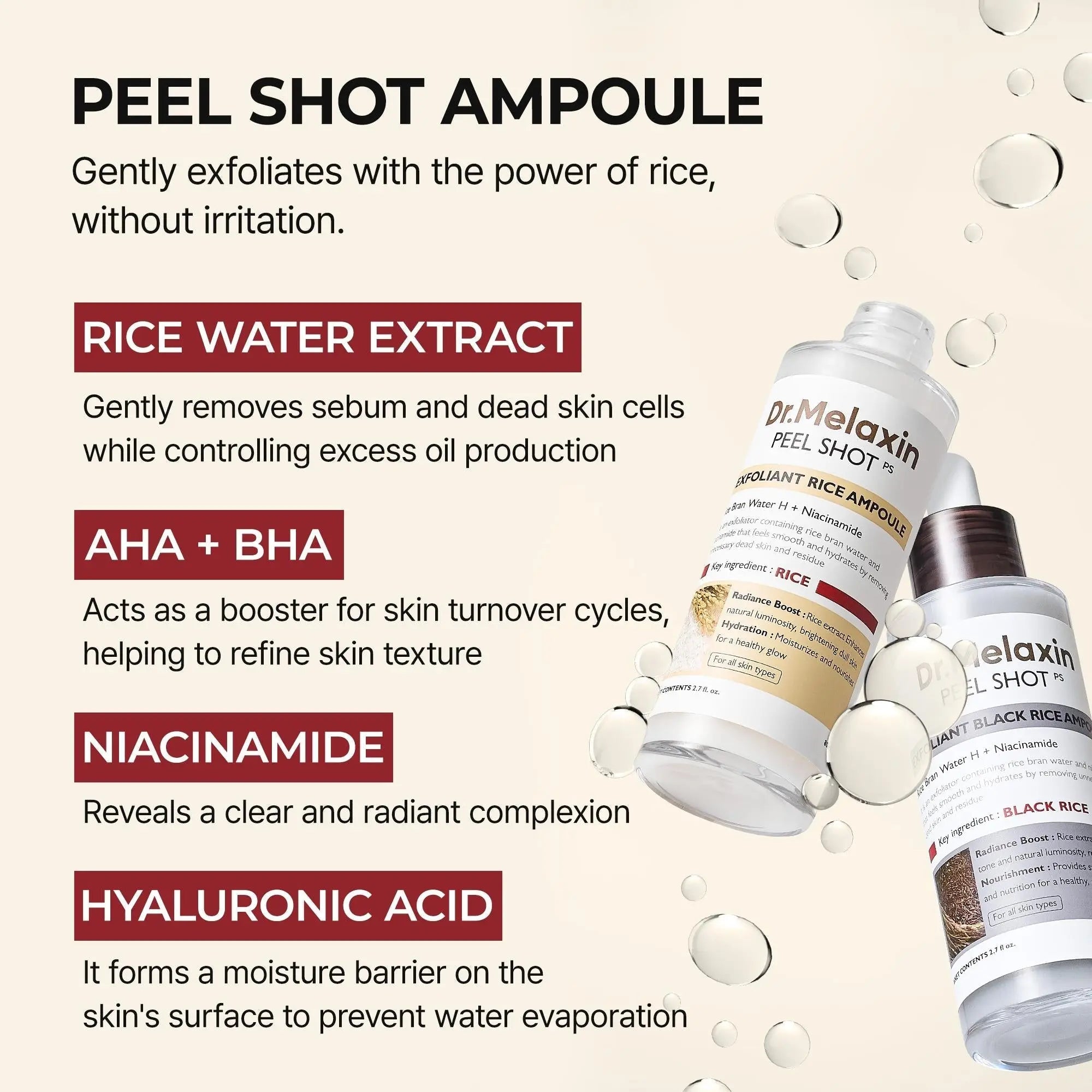 Set of five Dr.Melaxin Peel Shot exfoliating ampoules in various types, showcasing transparent bottles with labels and applicator tips.