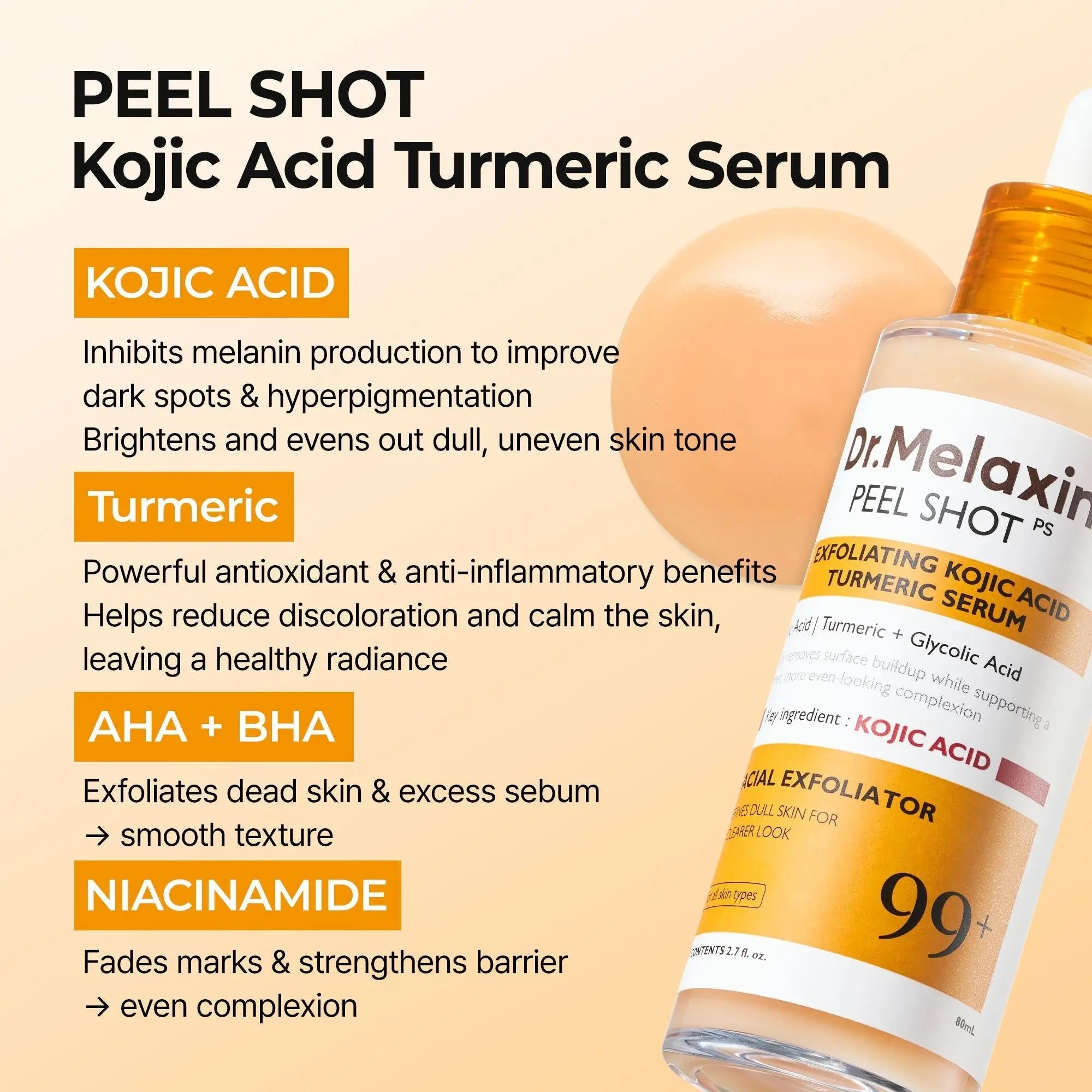 Set of four Dr.Melaxin Peel Shot exfoliating ampoules, featuring different types for skin renewal and gentle exfoliation.