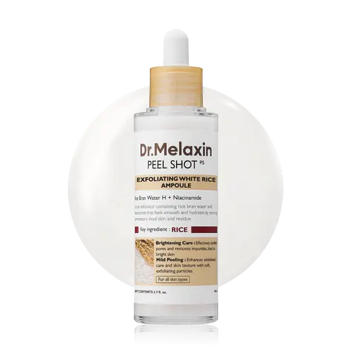 Set of four Dr.Melaxin Peel Shot exfoliating ampoules in white bottles, designed for skin exfoliation and brightening.