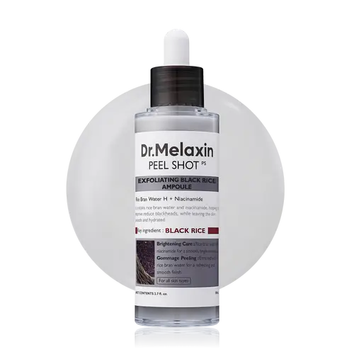 Set of four Dr.Melaxin Peel Shot exfoliating ampoules in black bottles, designed for skincare exfoliation and skin renewal.