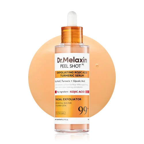 Dr.Melaxin Peel Shot Exfoliating Ampoule set featuring kojic acid and turmeric serum bottles on a white background
