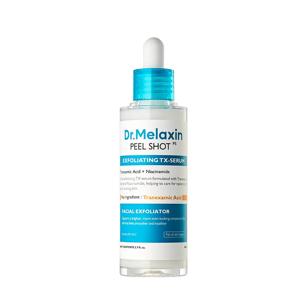 Set of four Dr.Melaxin Peel Shot Exfoliating Ampoules with different formulations for skin renewal and smoother texture.