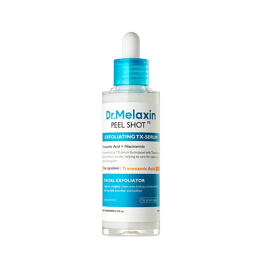 Set of four Dr.Melaxin Peel Shot Exfoliating Ampoules with different formulations for skin renewal and smoother texture.