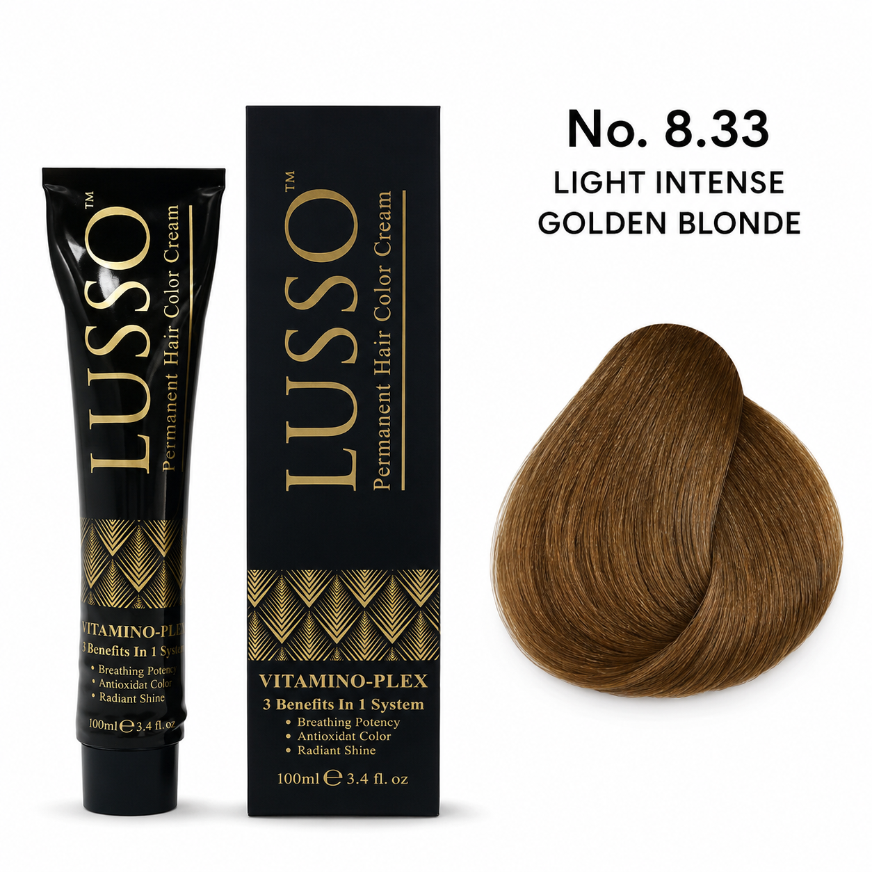 LUSSO Permanent Hair Colour Cream 100 ml No. 8.33 Light Intense Golden Blonde
