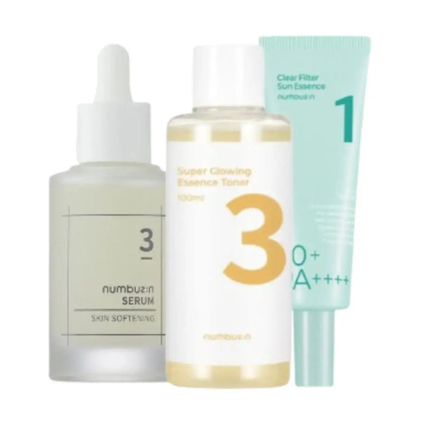 DOKAN NUMBUZIN Super Glowing Essence Toner, Skin Softening Serum & Clear Filter Sunblock Set Numbuzin