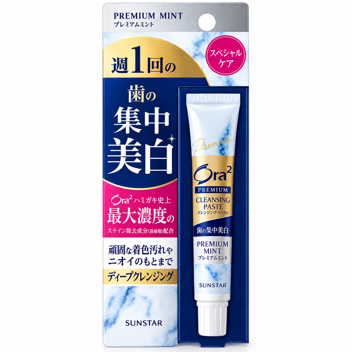 SUNSTAR Ora2 Premium Mint Cleansing Paste in its retail packaging, featuring a white and blue tube with gold accents on a white background.