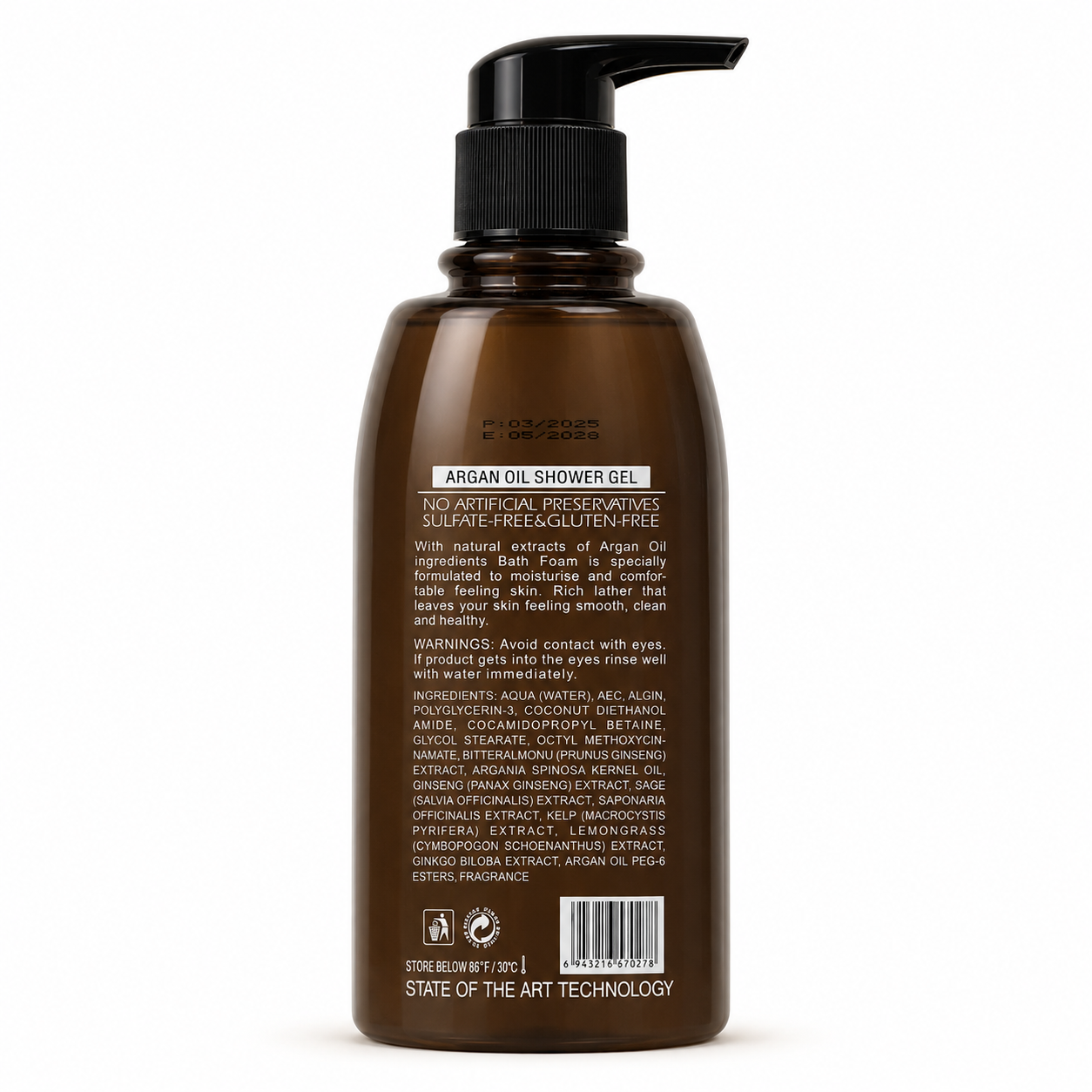Argan Oil Shower Gel 350 ml rear label ingredients warnings and barcode