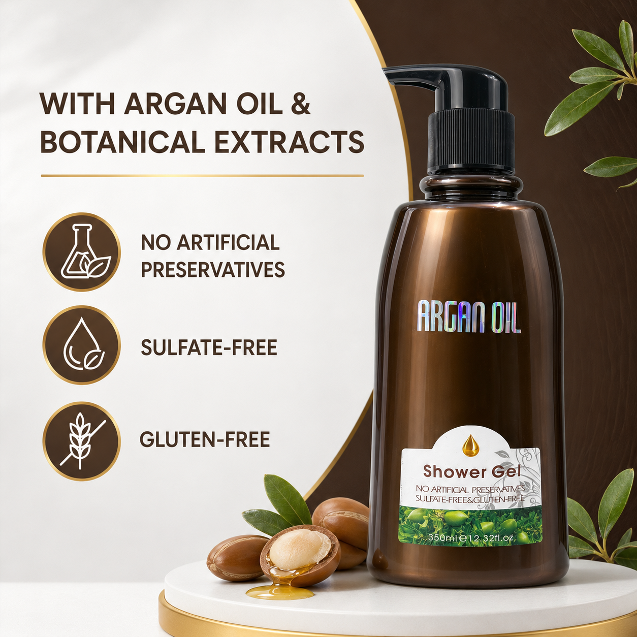 Argan Oil Shower Gel formula highlights with botanical extracts