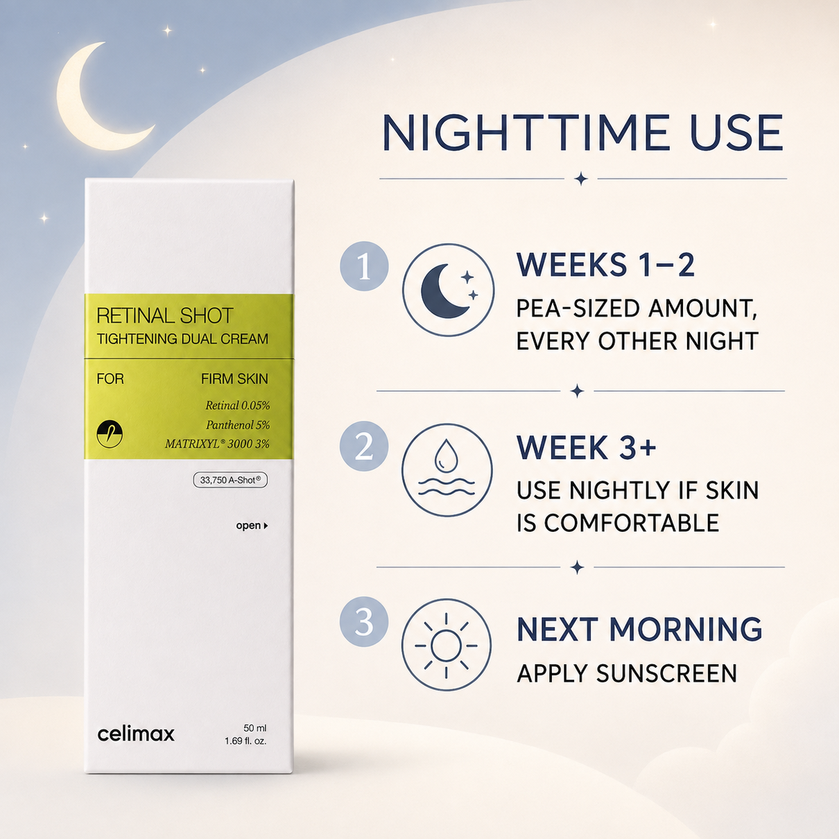 CELIMAX Retinal Shot Tightening Dual Cream nighttime use guide