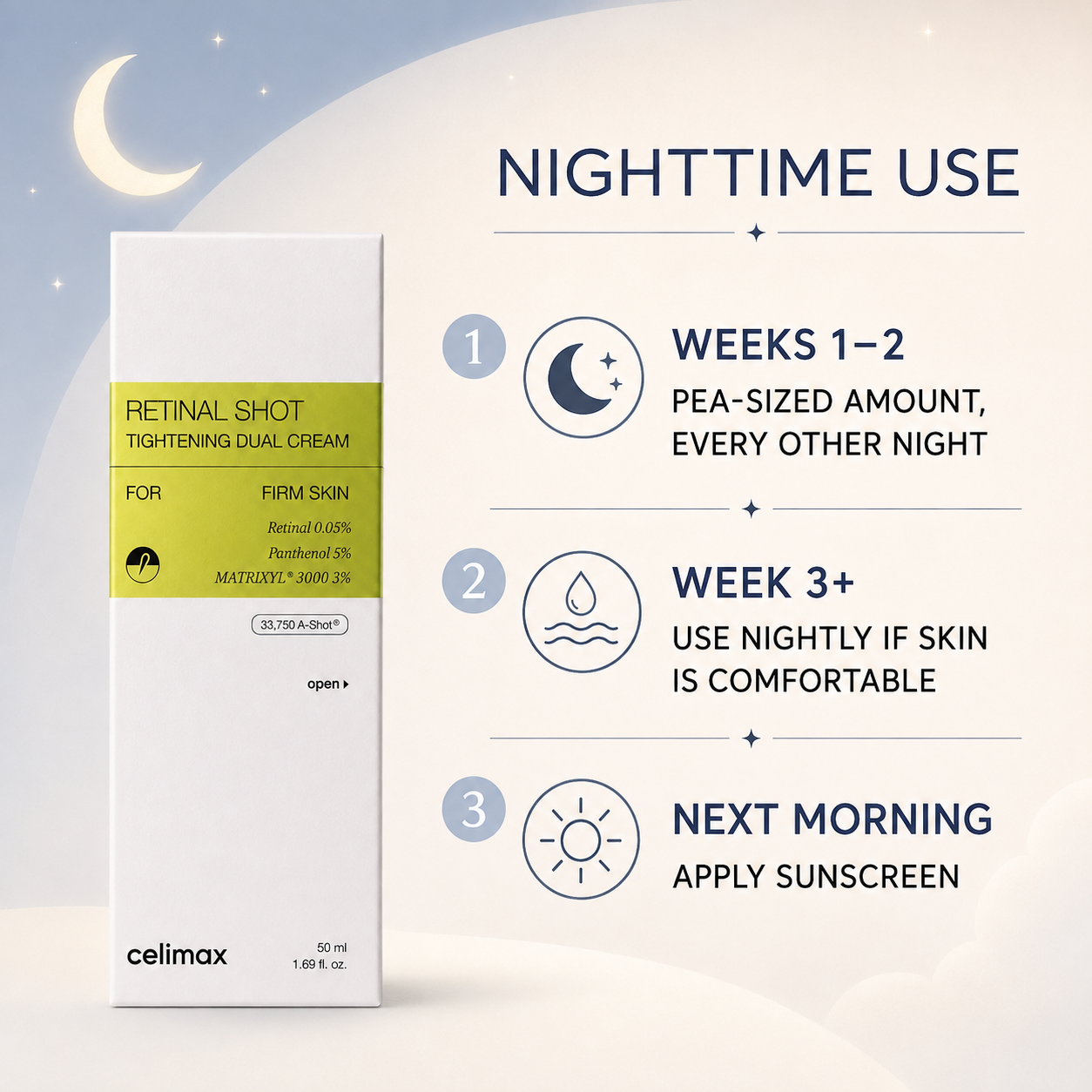 CELIMAX Retinal Shot Tightening Dual Cream nighttime use guide
