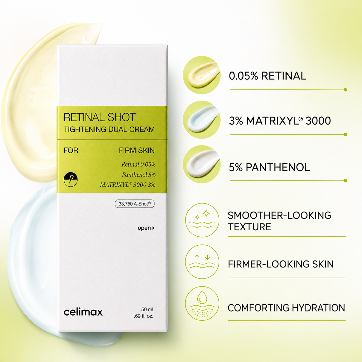 CELIMAX Retinal Shot Tightening Dual Cream key ingredients and benefits