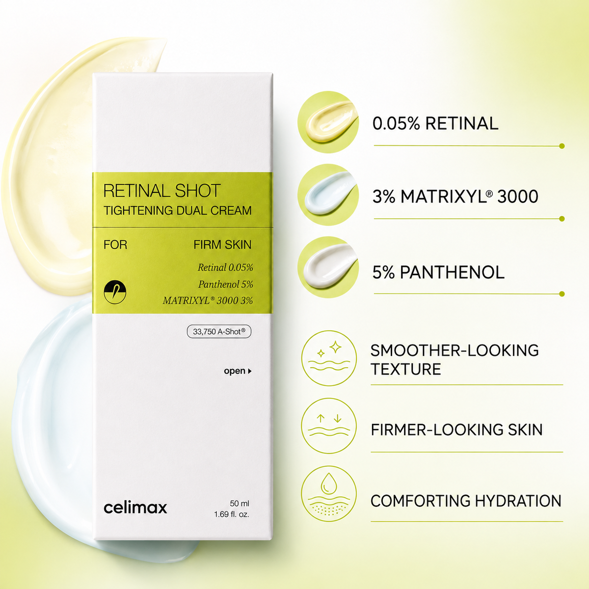 CELIMAX Retinal Shot Tightening Dual Cream key ingredients and benefits