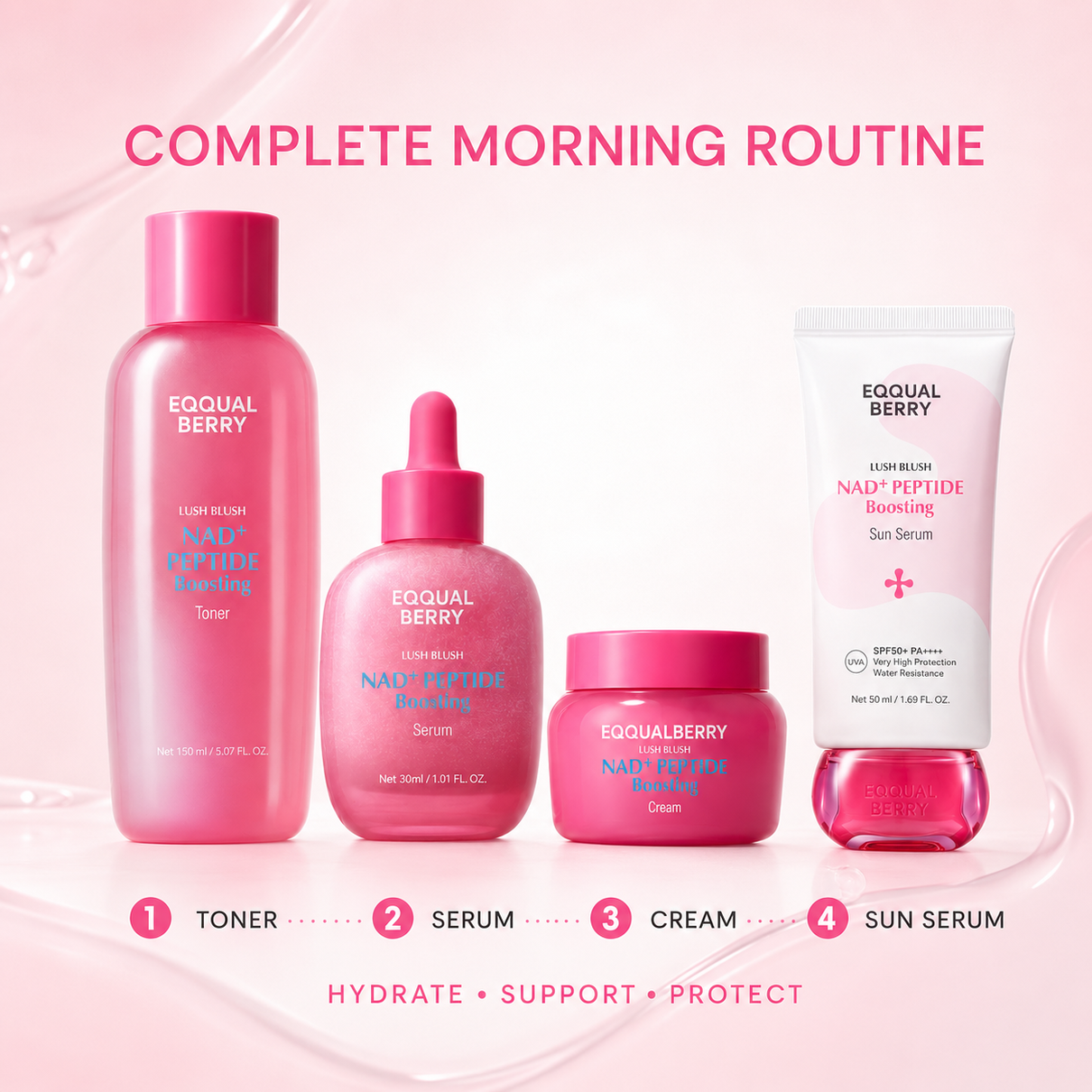 EQQUALBERRY NAD+ morning routine toner serum cream and sun serum steps
