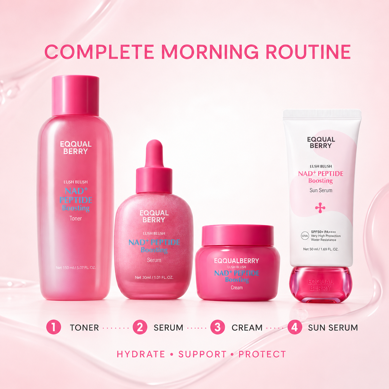 EQQUALBERRY NAD+ morning routine toner serum cream and sun serum steps