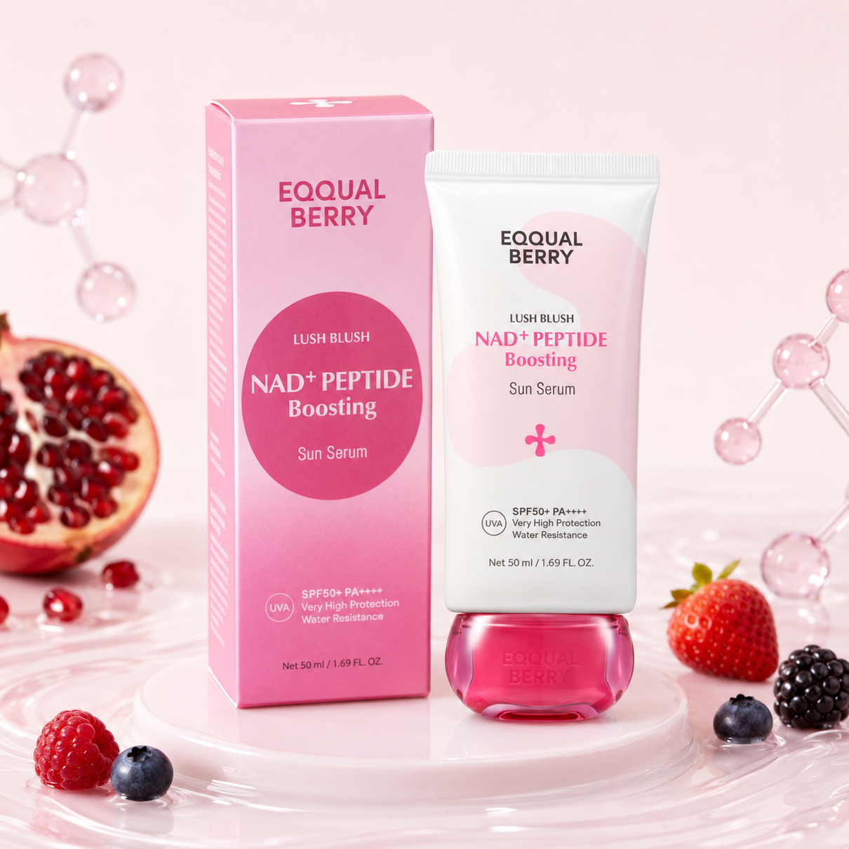 EQQUALBERRY NAD+ Peptide Boosting Sun Serum real tube and box